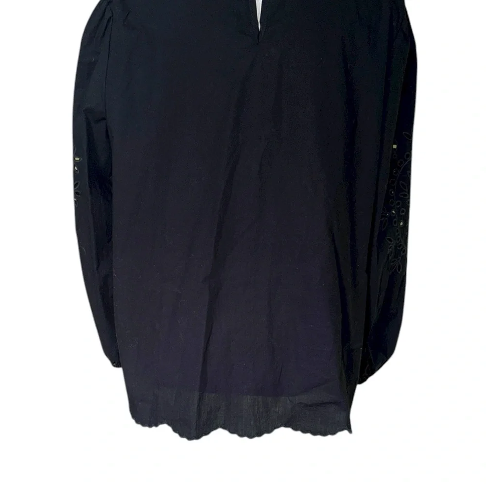 J. Crew Black Embroidered Eyelet Cotton Poplin Ruffle Mockneck Blouse - M